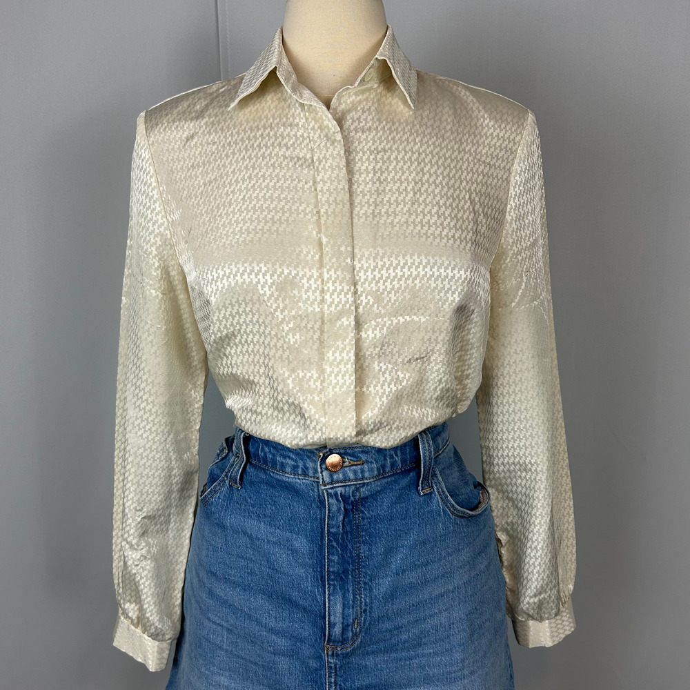 Vintage Blouse Top Size Medium Cream White Satin Minimal Academia Office Button